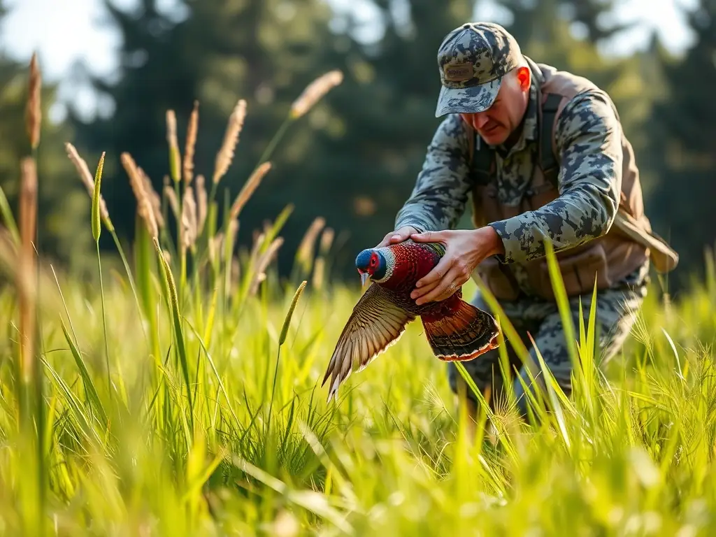 A hunter carefully releasing a pheasant into a protected area, showcasing the species restocking program of SOCIETE COMMUNALE DES CHASSEURS DE COLLONGES.