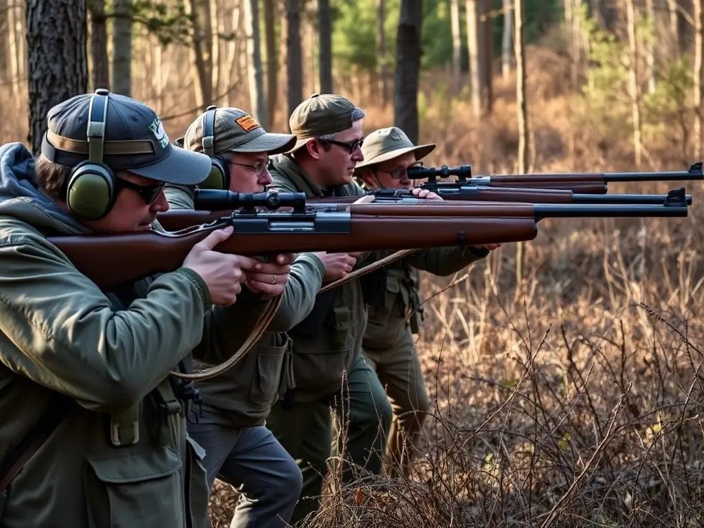 A photograph of hunters participating in a regulated hunting day, emphasizing responsible population control efforts by SOCIETE COMMUNALE DES CHASSEURS DE COLLONGES.