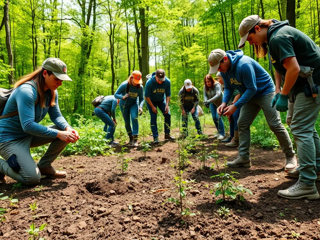 A group of volunteers planting native trees in a deforested area, illustrating habitat restoration efforts by SOCIETE COMMUNALE DES CHASSEURS DE COLLONGES.