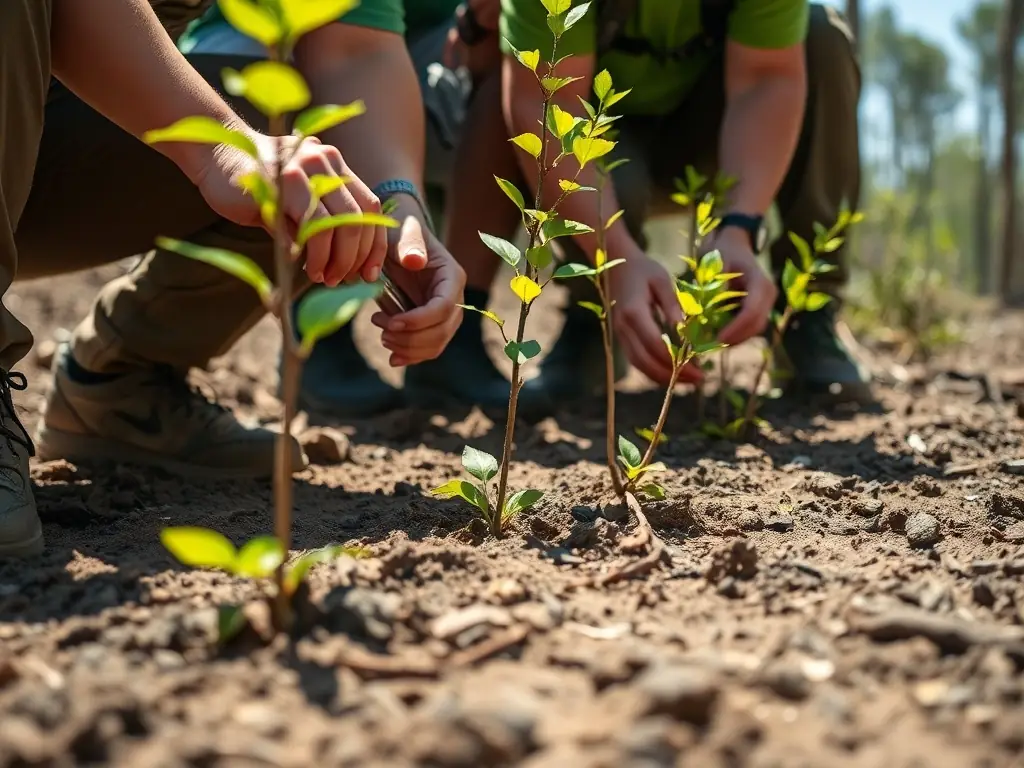 A photograph depicting volunteers planting native trees in a deforested area, illustrating habitat restoration efforts by SOCIETE COMMUNALE DES CHASSEURS DE COLLONGES.