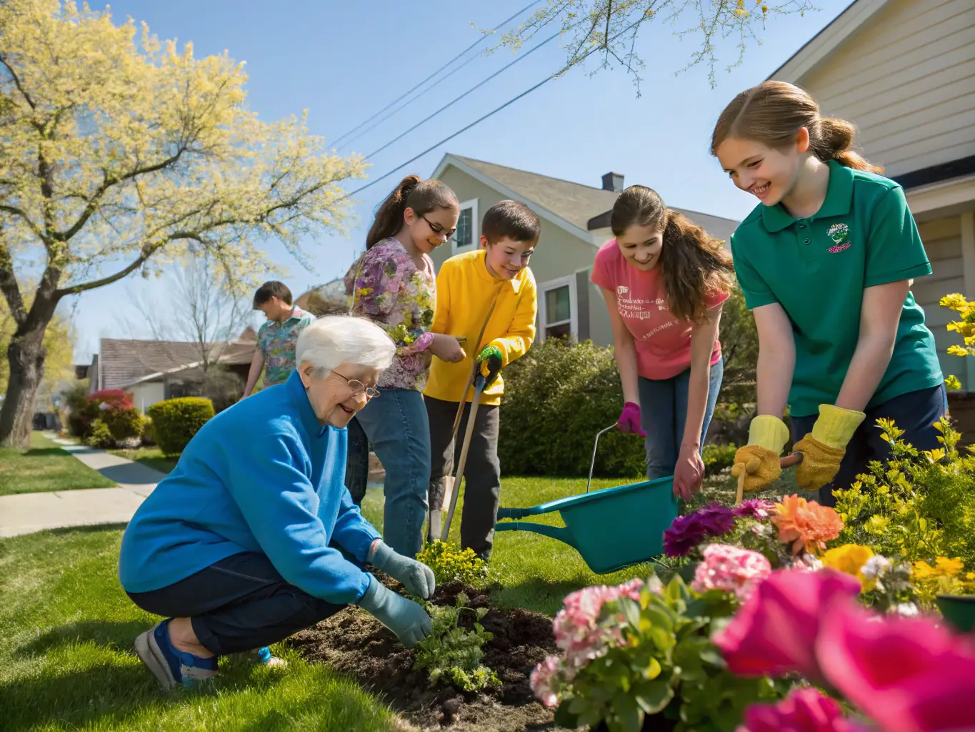 A photograph of SOCIETE COMMUNALE DES CHASSEURS DE COLLONGES members assisting elderly residents with garden maintenance, highlighting their community support efforts.