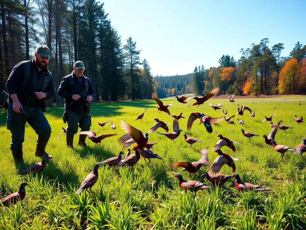 A photograph showing the release of pheasants into a managed hunting area, showcasing the species restocking program of SOCIETE COMMUNALE DES CHASSEURS DE COLLONGES.