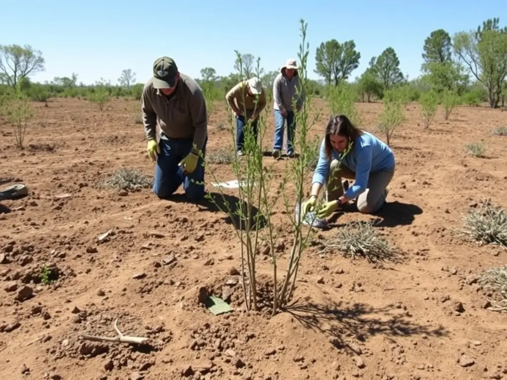 A photograph depicting volunteers from SOCIETE COMMUNALE DES CHASSEURS DE COLLONGES planting trees in a deforested area near Collonges-la-Rouge, showcasing their commitment to habitat restoration.