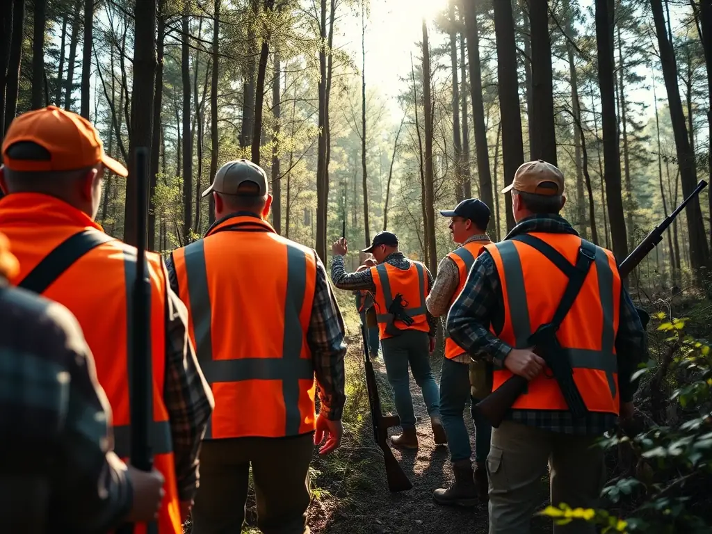 A group of hunters participating in a regulated hunting day, emphasizing responsible population control under the guidance of SOCIETE COMMUNALE DES CHASSEURS DE COLLONGES.