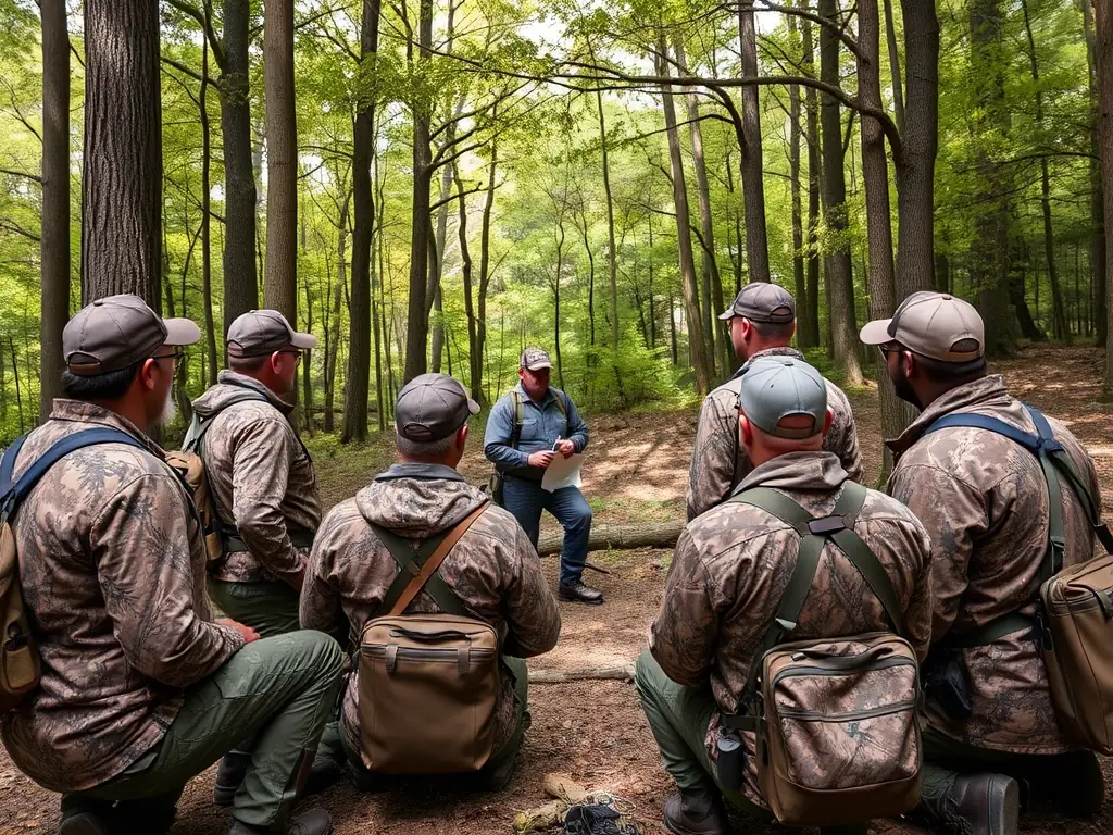 A photograph of a hunter educating a group of young people about responsible hunting practices and wildlife conservation. The hunter is showing them examples of animal tracks and explaining the importance of respecting wildlife.